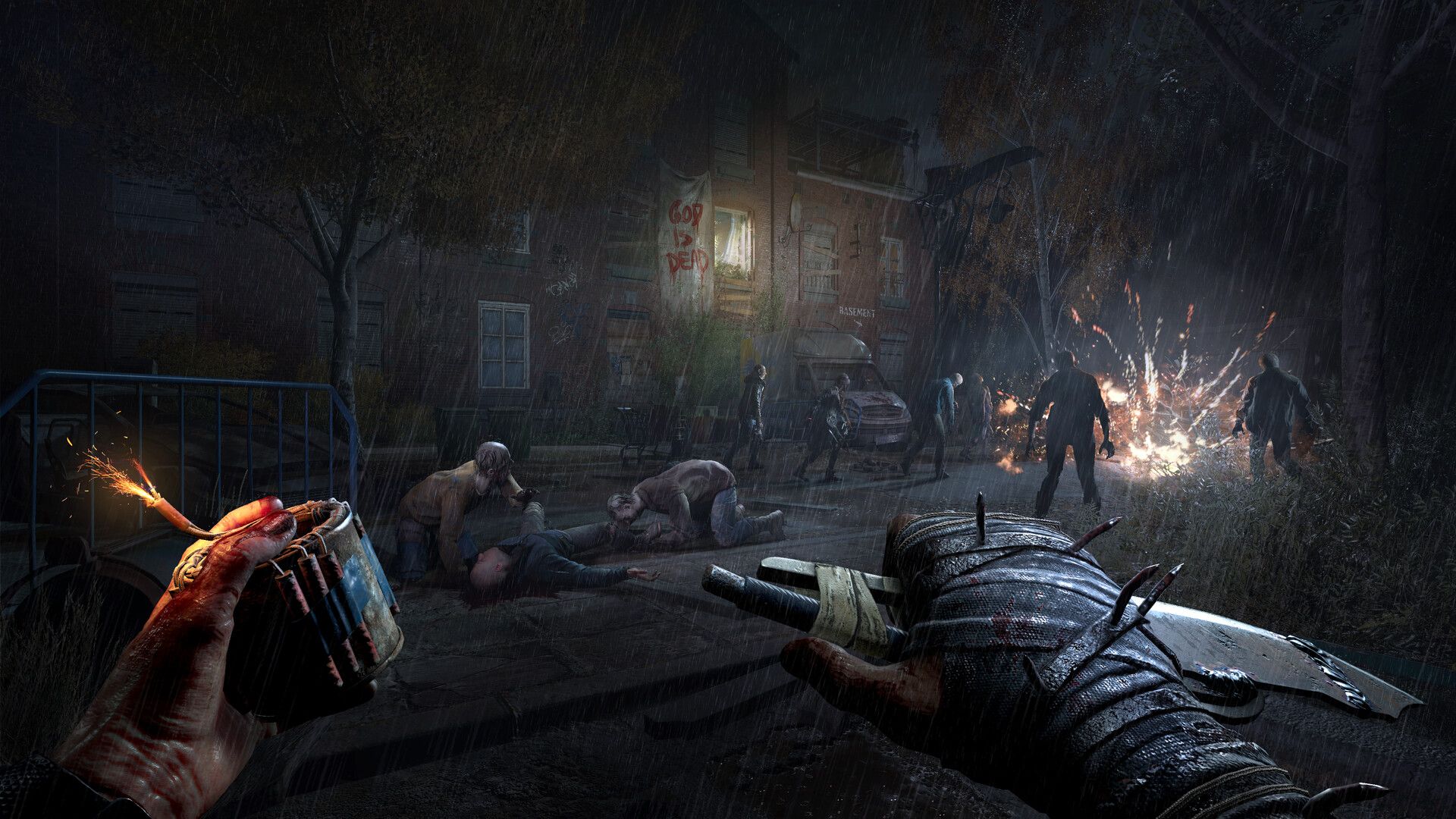 Kyle Crane holds an explosive and a bladed weapon while facing infected in Dying Light: The Beast.
