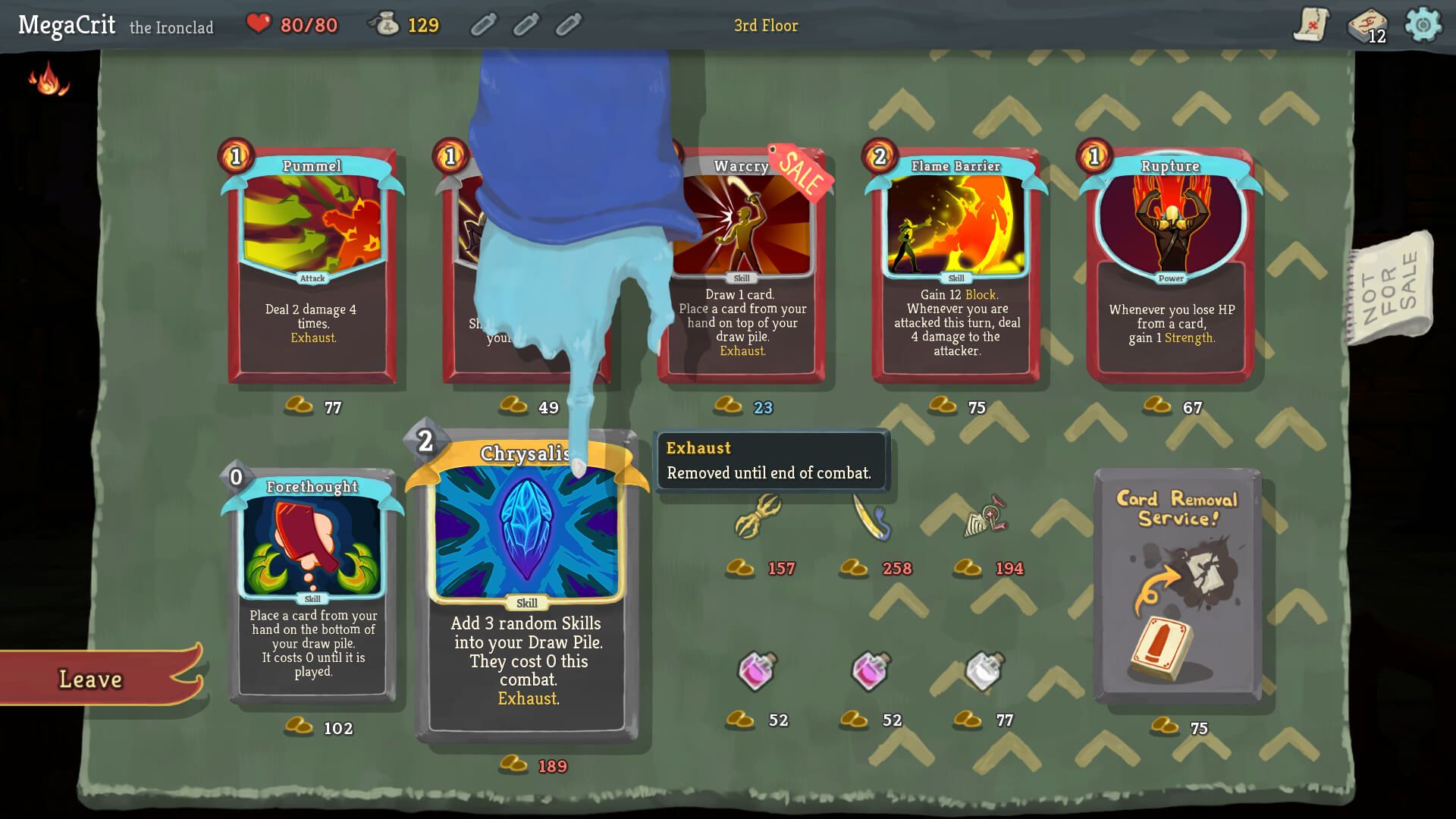 The Slay the Spire merchant displaying cards, relics and potions