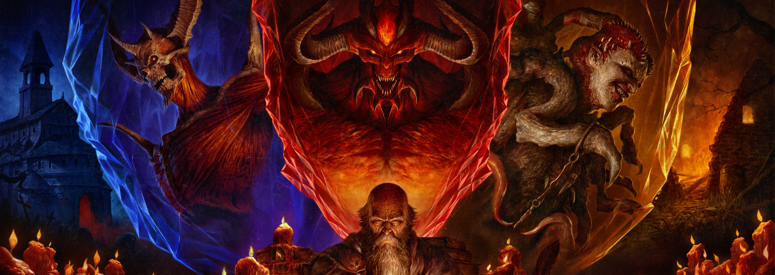Deckard Cain beneath Diablo, Baal and Mephisto in official Season of Hell's Legacy artwork