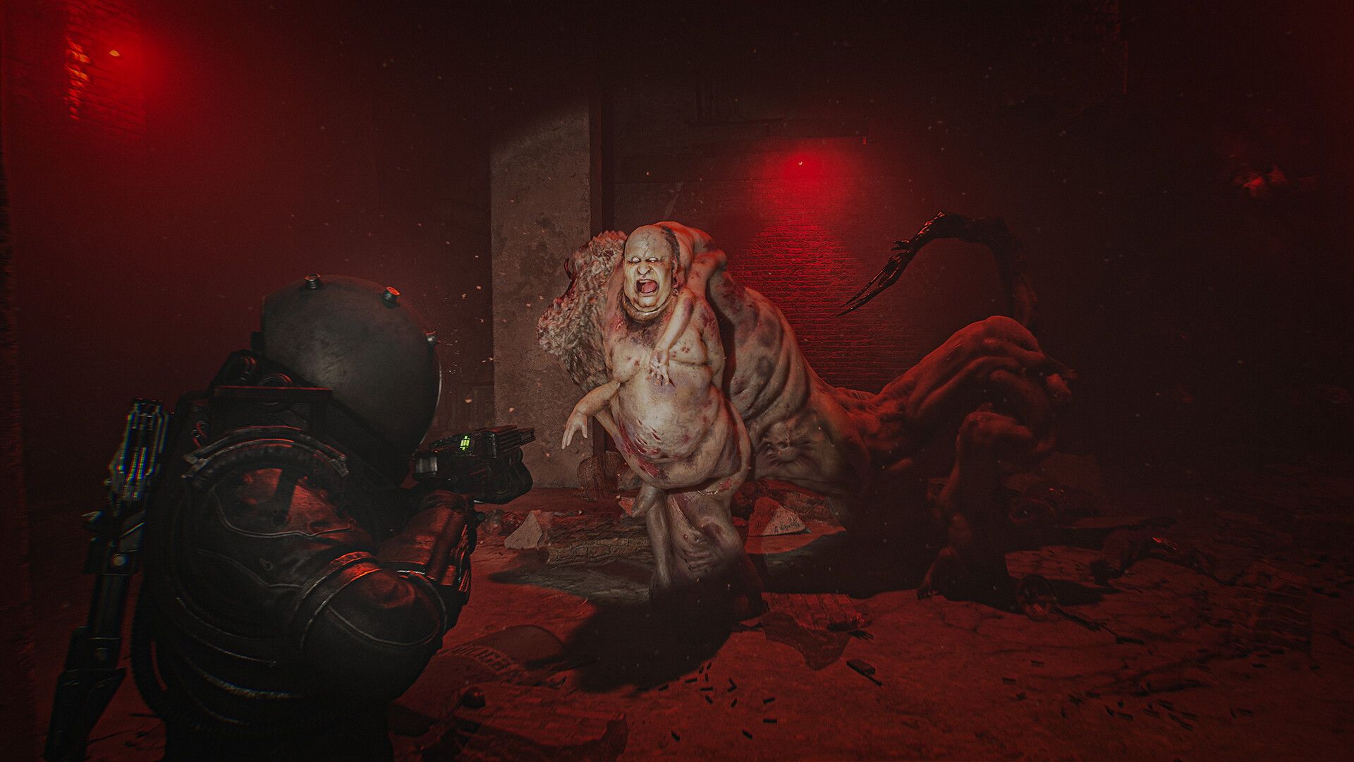 The Traveler faces a merging Orphan in a red lit room