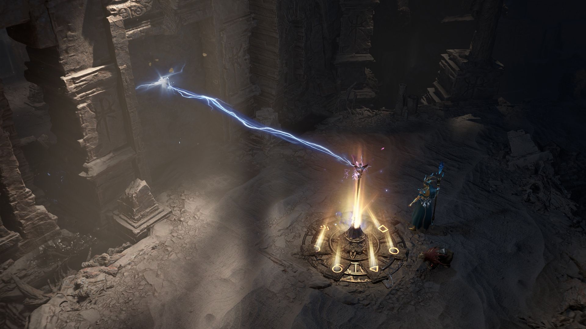A Diablo IV character beside a glowing shrine in ruined stone halls