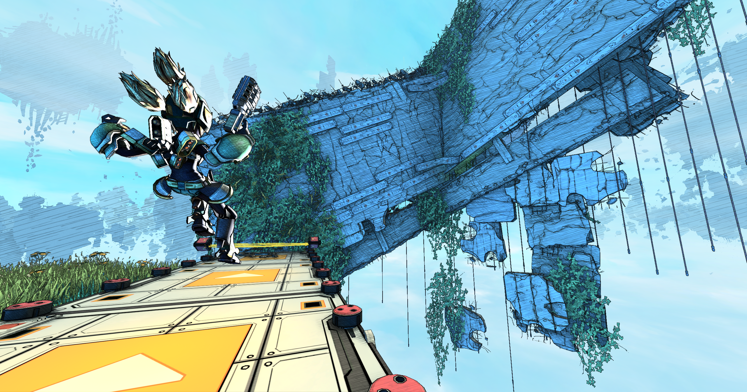 Demi on a launch platform beneath blue floating structures in Cloudbuilt