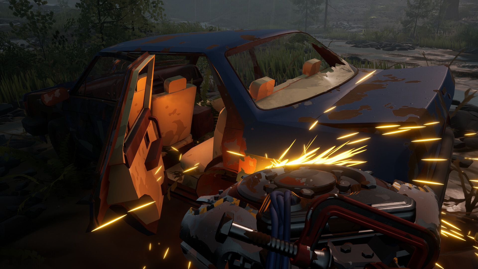 A damaged station wagon being repaired in the Zone