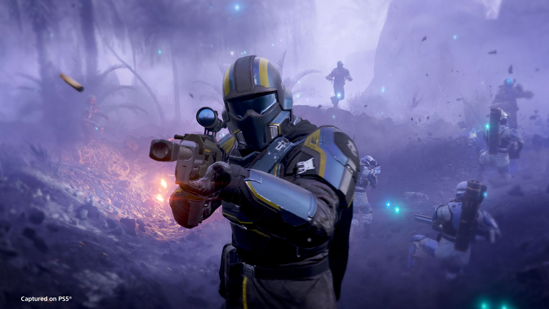 A Helldivers 2 squad fighting together.