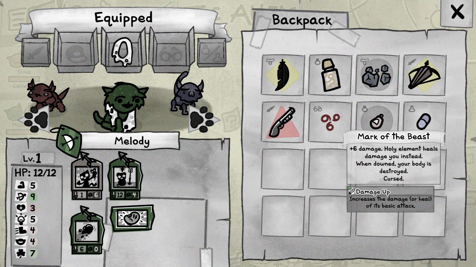 Mewgenics battlefield pickup screenshot.