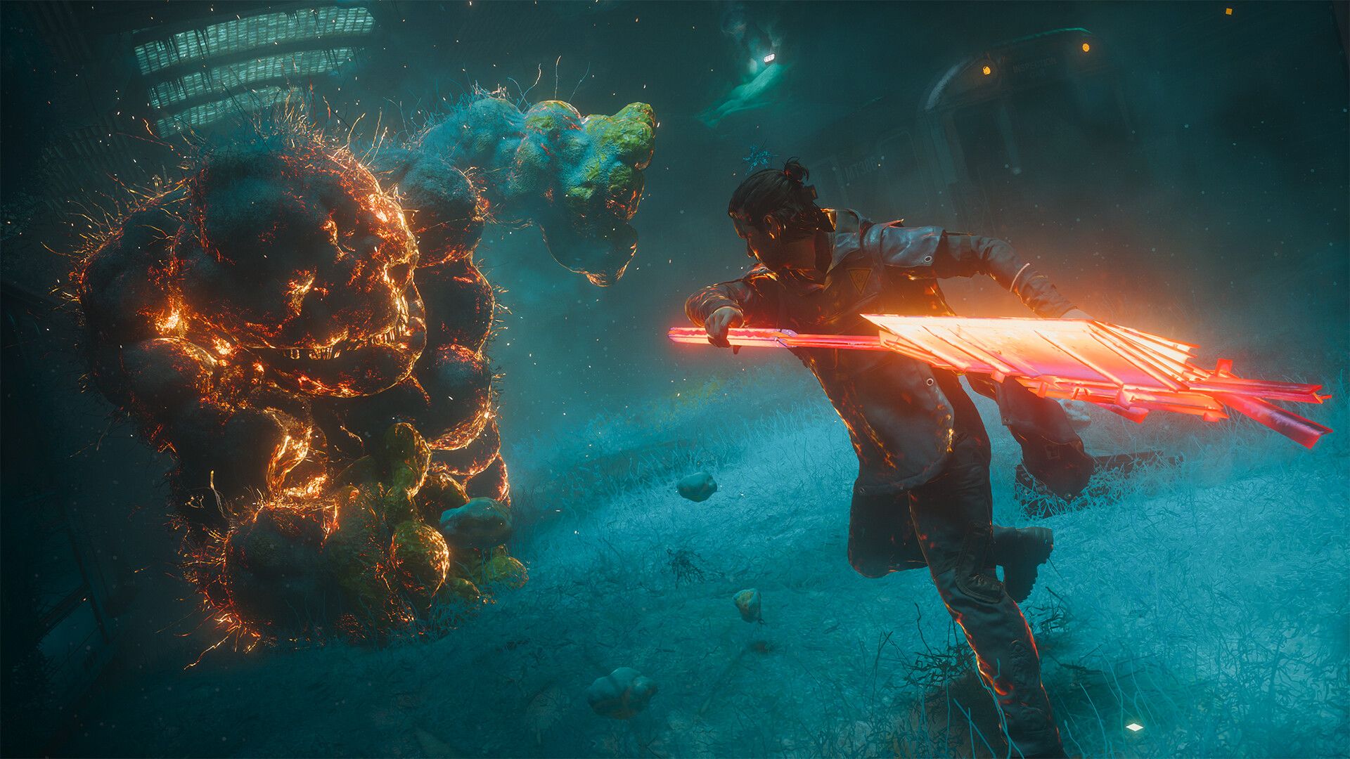 Dylan swings a glowing red weapon toward a large creature in Control Resonant