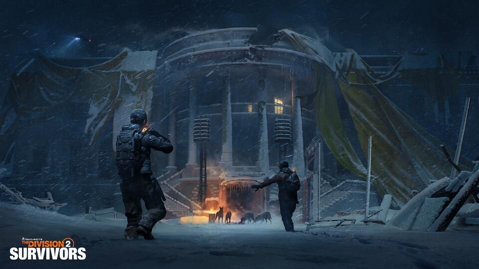 Survivors gather around a fire in snowy Washington, D.C.