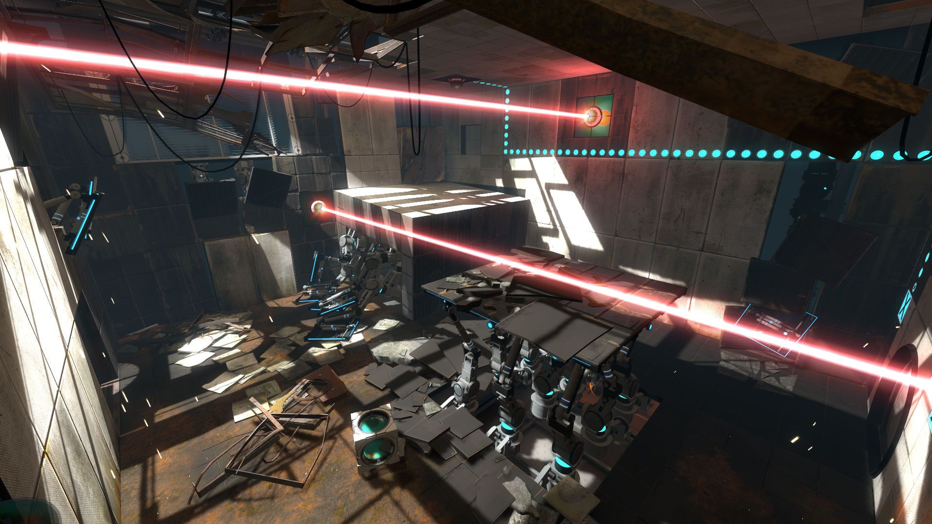 Red lasers crossing a Portal 2 test chamber with cubes and illuminated connection indicators