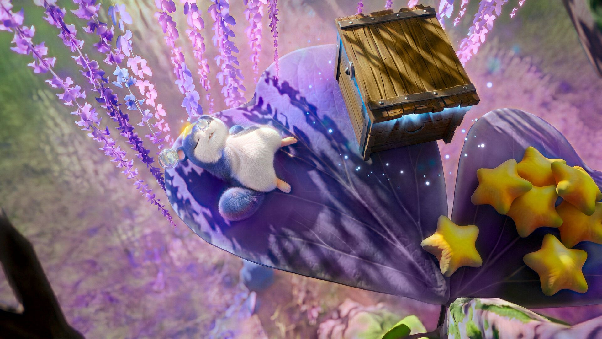 Official Aniimo screenshot showing small creatures gathered beside an open chest.