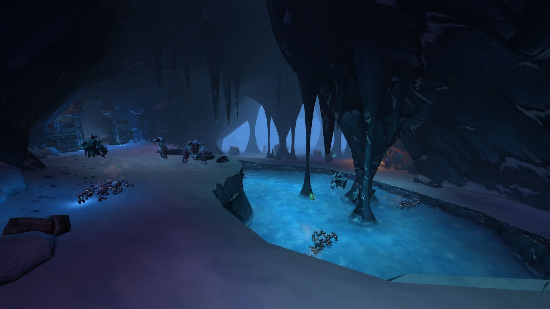An icy cavern shown in Blizzard official World of Warcraft Forever raid-preview imagery.