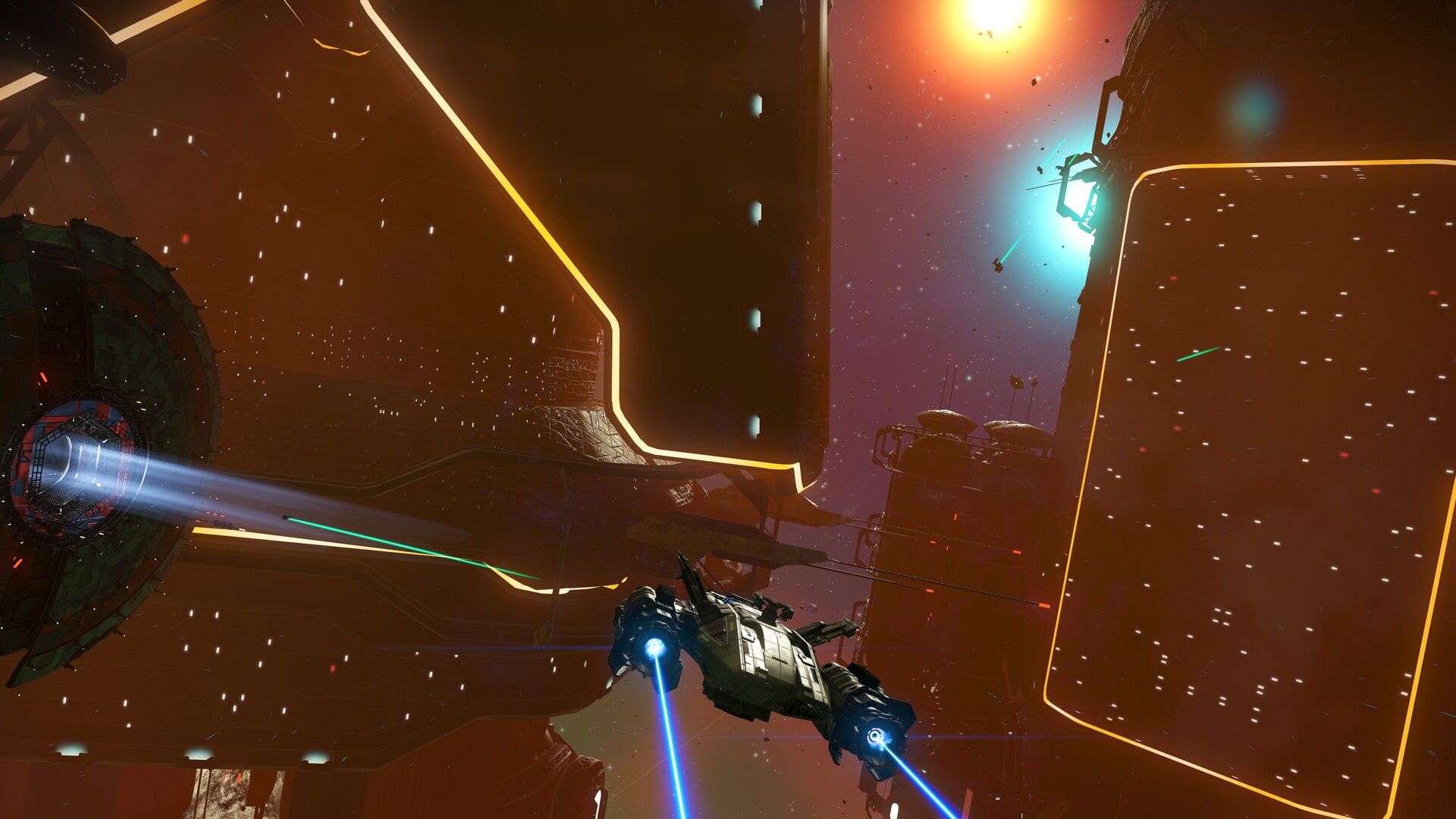 A spacecraft flies among large structures in No Man’s Sky