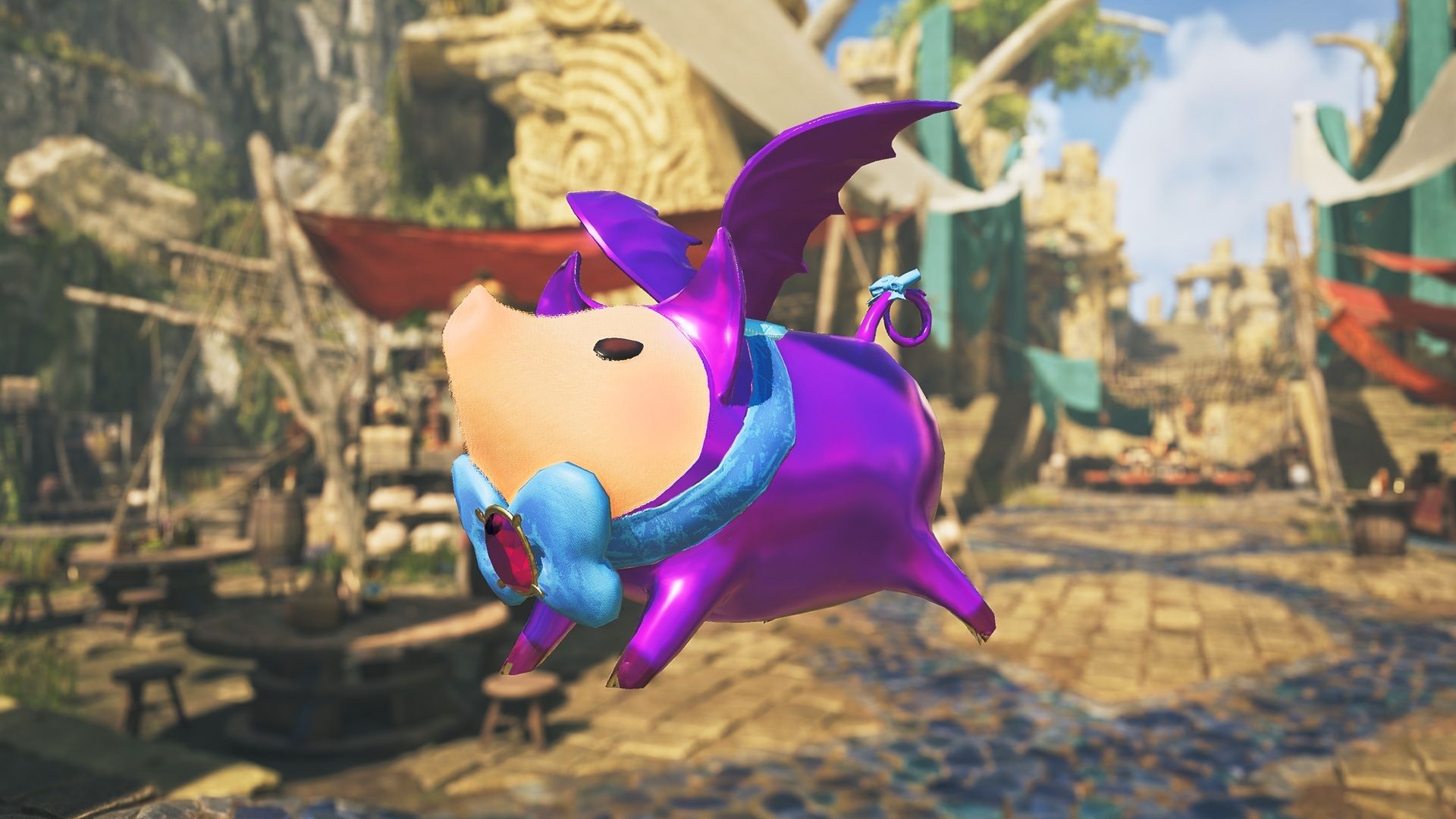 The Beelzeboar pendant, a pig charm wearing purple horns and wings with a blue ribbon
