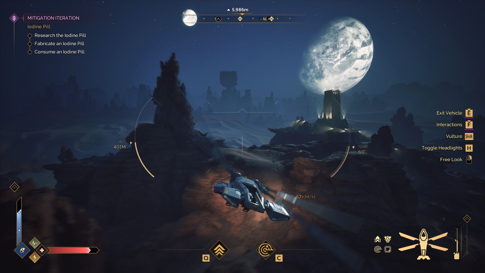 An ornithopter flying over Arrakis at night in an official Dune: Awakening screenshot