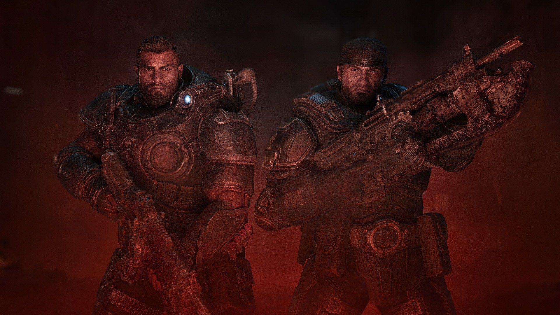 Marcus Fenix and Dom Santiago stand ready with Lancers in official Gears of War: E-Day artwork.