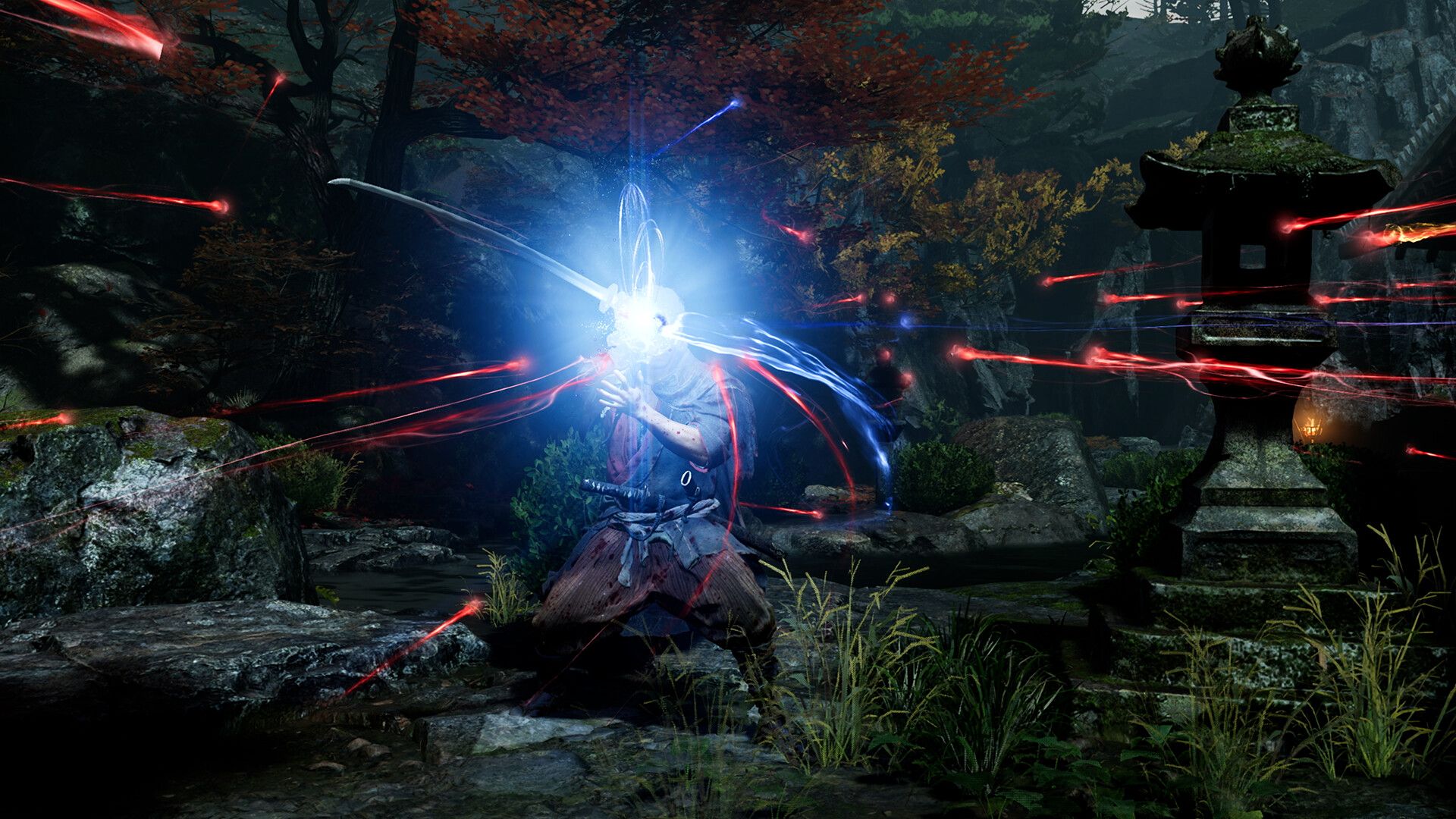 Musashi absorbing red and blue souls in a shrine garden