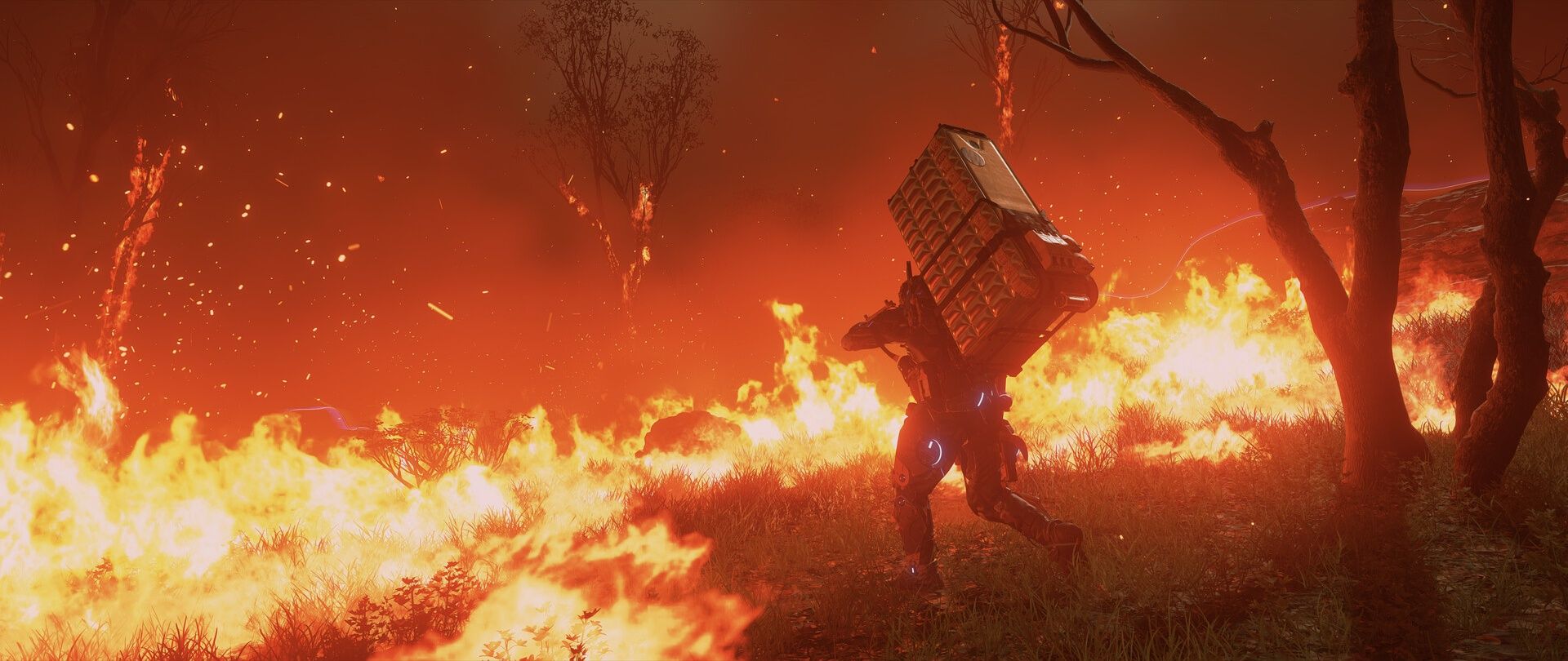 Sam walks through a burning orange route in Death Stranding 2.