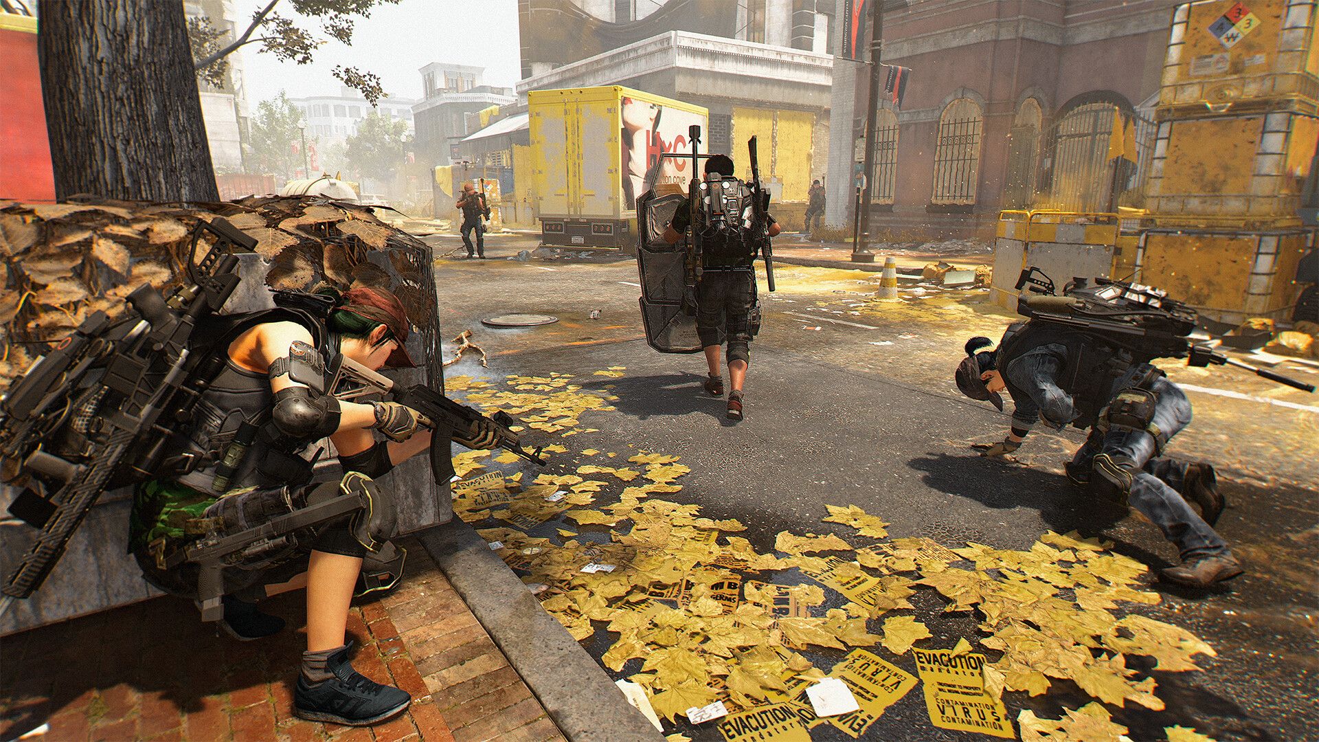 Division agents move through an autumn city street