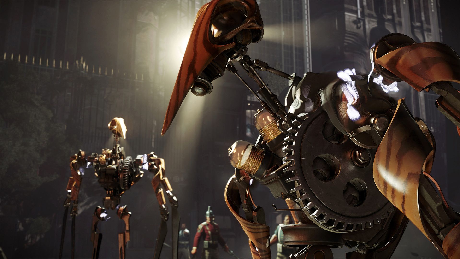 Two Clockwork Soldiers inside a shadowed Dishonored 2 interior
