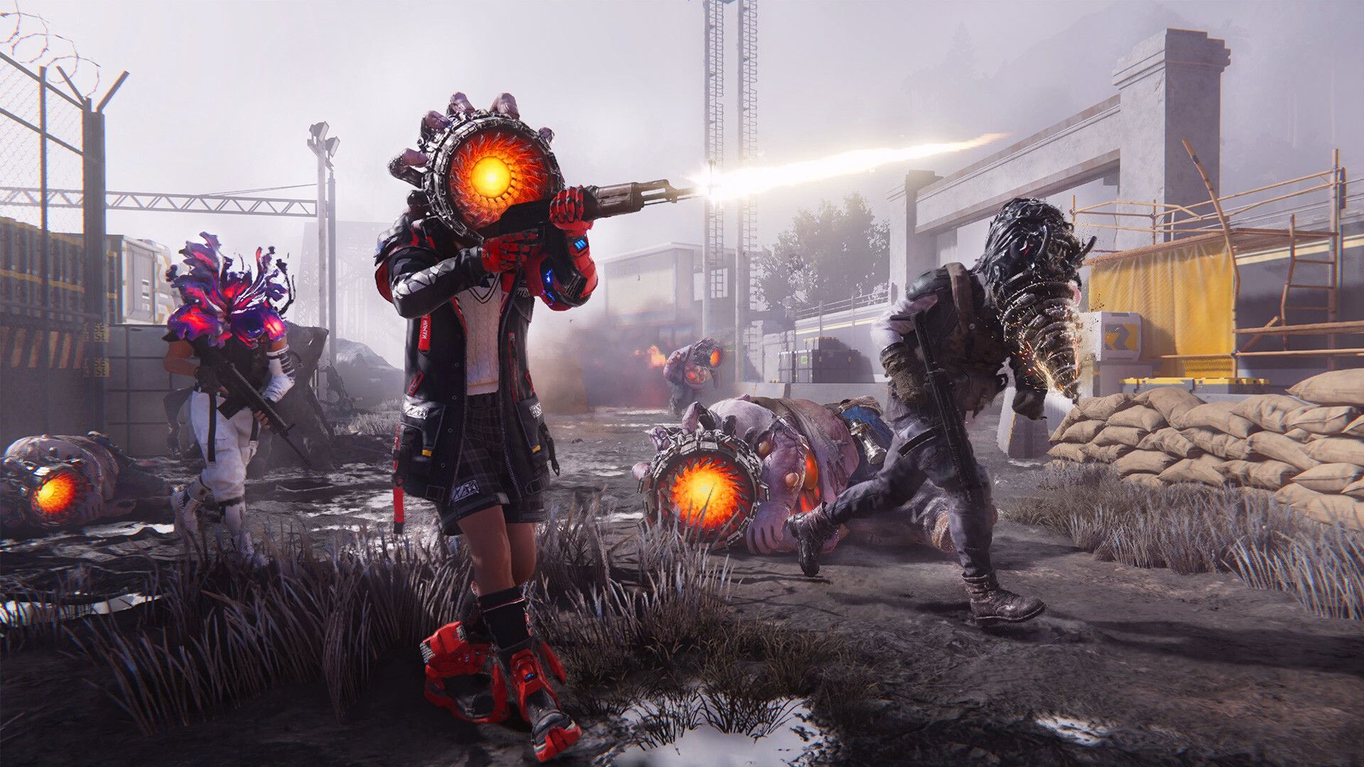 Players fighting glowing mechanical enemies in an official Once Human screenshot
