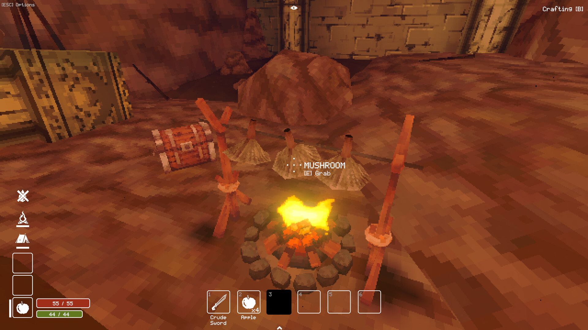 A player cooking a mushroom over a campfire