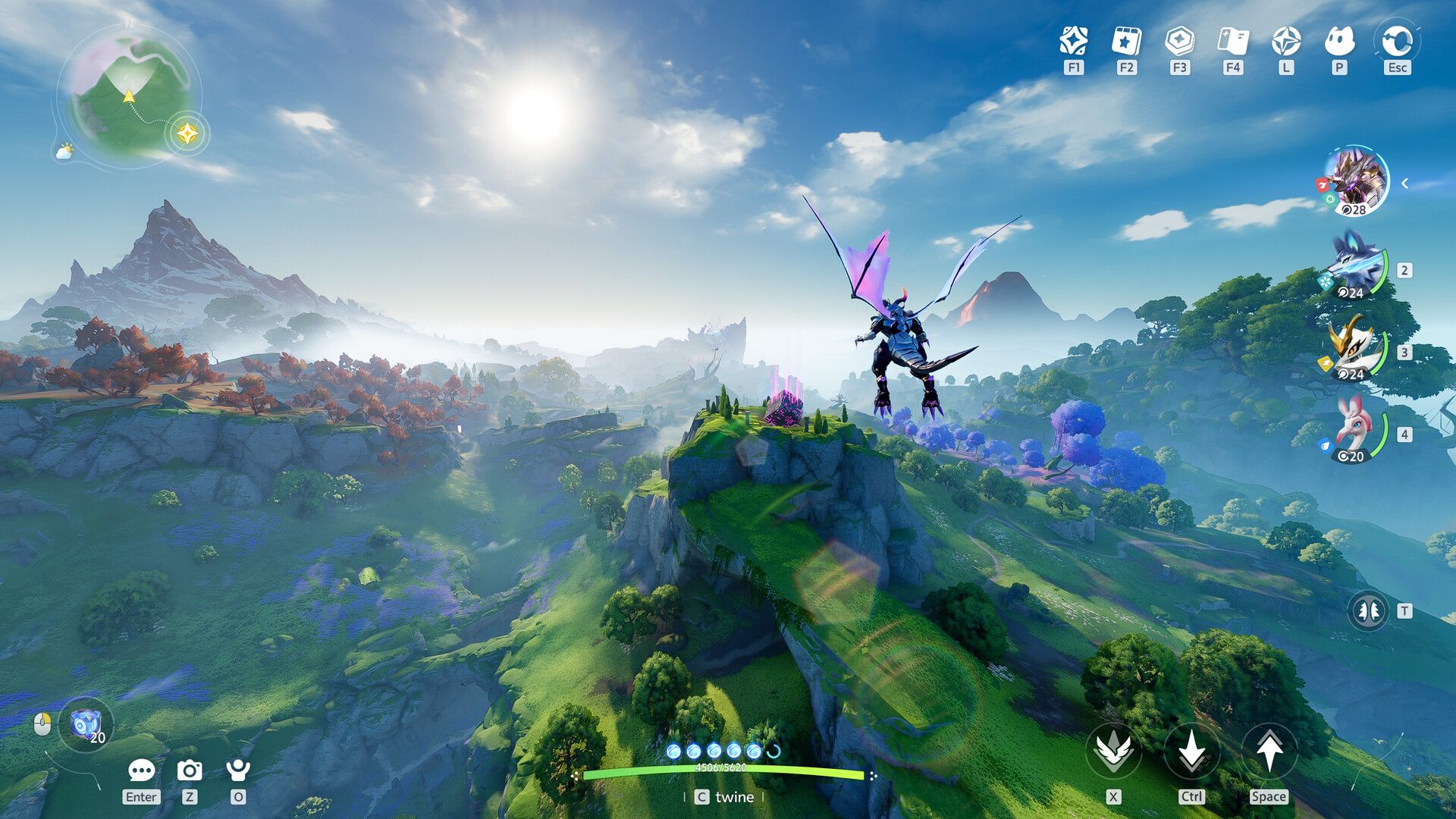 Official Aniimo gameplay showing a flying creature above the landscape with exploration controls visible.