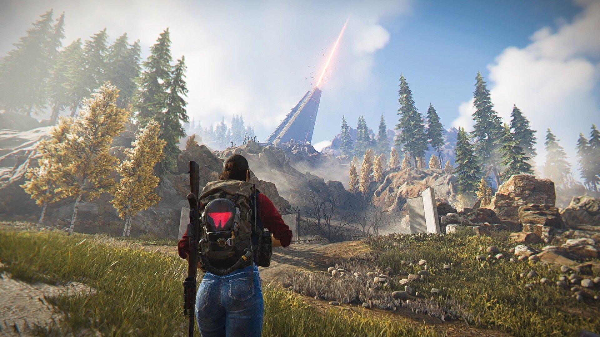 A Once Human character overlooking a landscape and a distant tower
