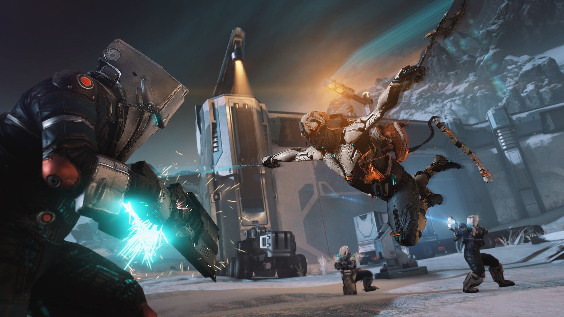 A Warframe character fighting enemies in a bright sci-fi battlefield.