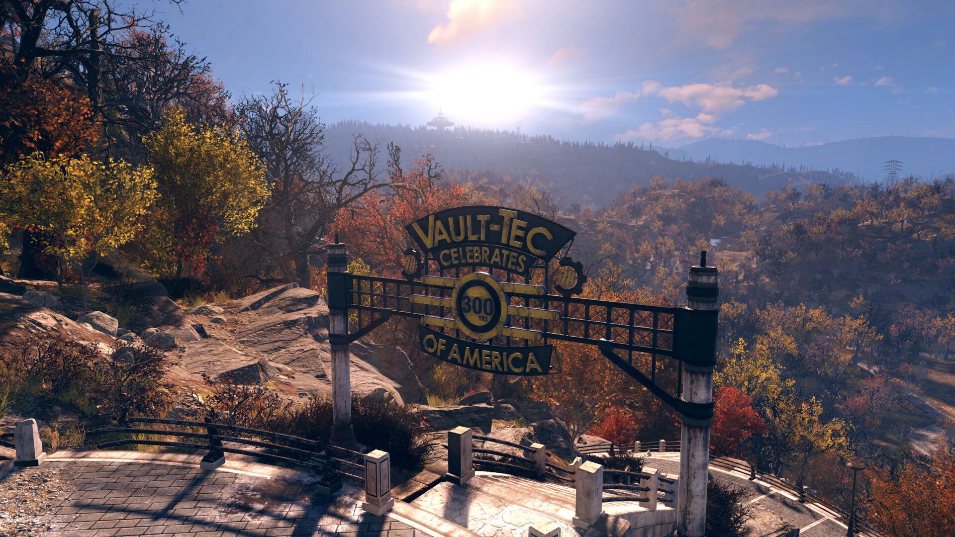 Autumn woodland and the Vault-Tec entrance sign overlooking Appalachia in Fallout 76.