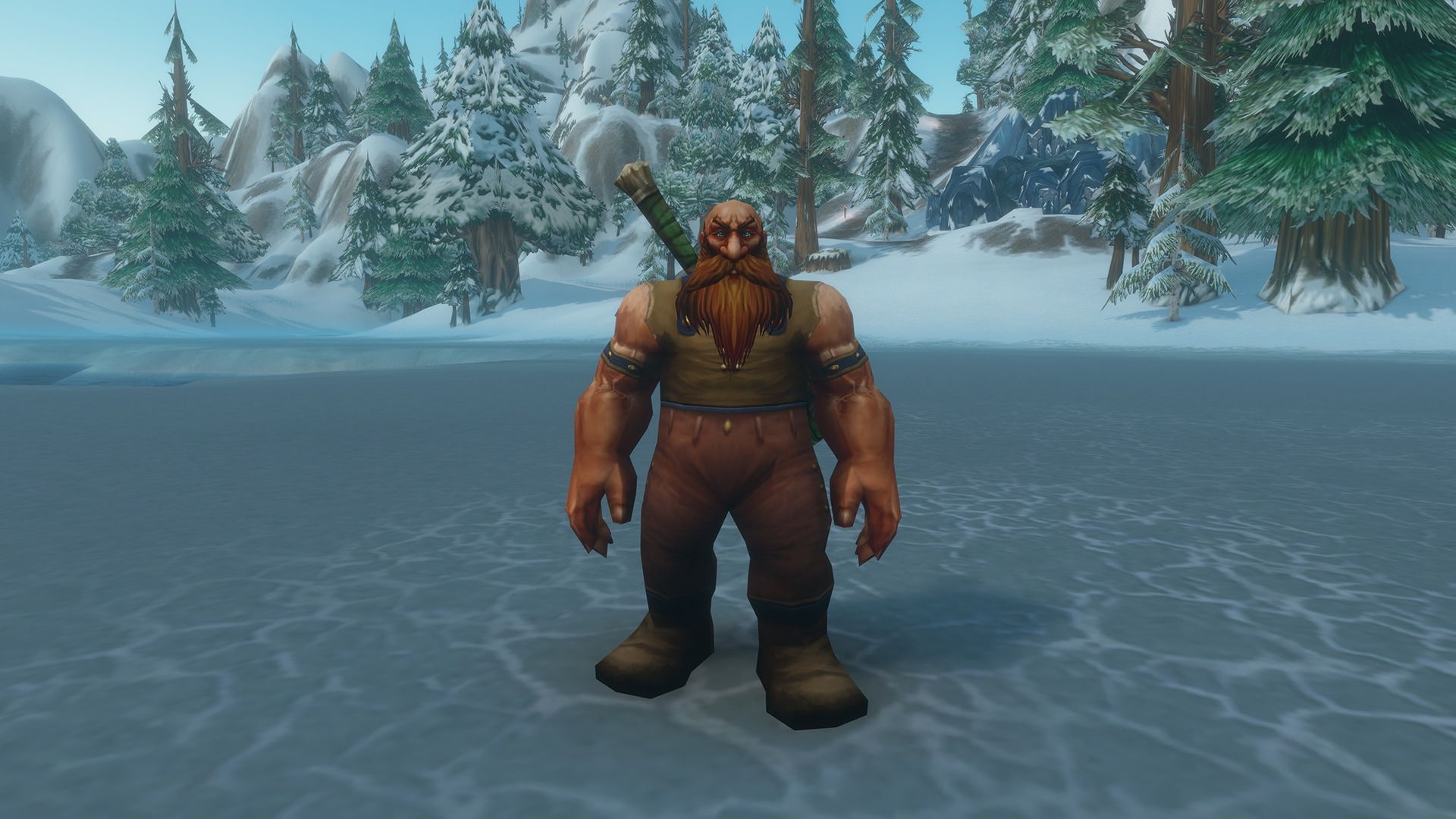 A dwarf standing beside snowy trees in an official WoW Forever character-rendering preview