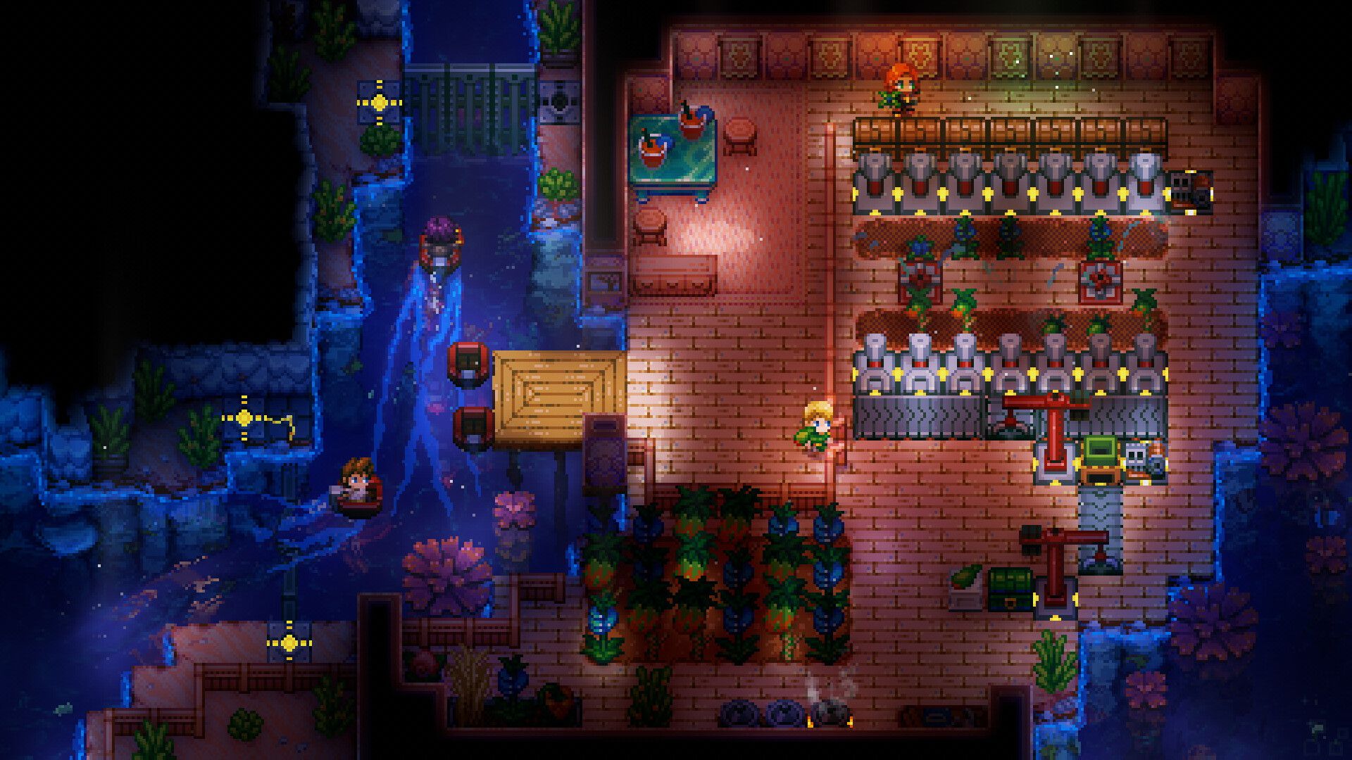 An organized underground Core Keeper base with storage and equipment