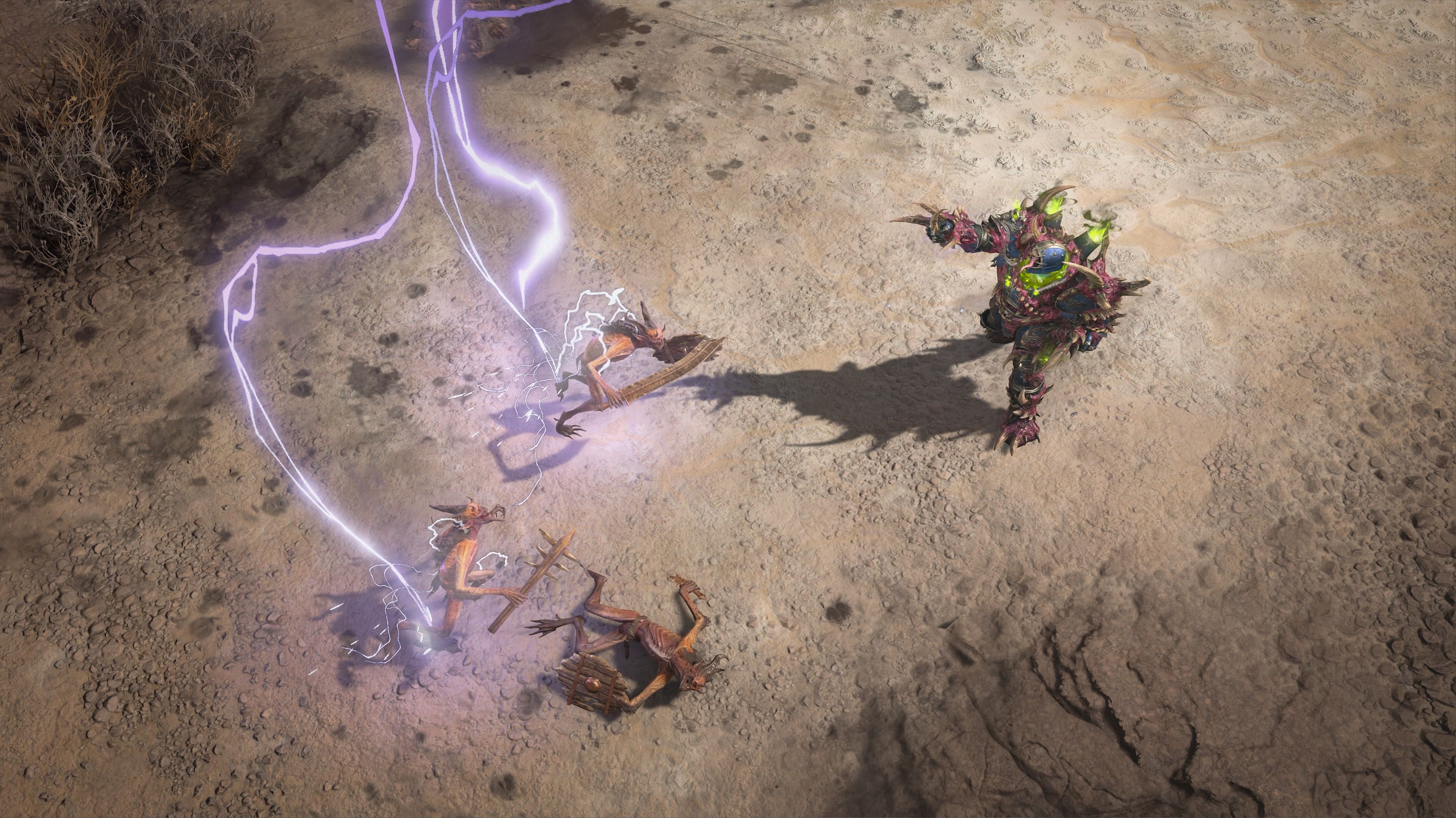 A Diablo IV character in Protoss-inspired armor fires lightning at enemies.