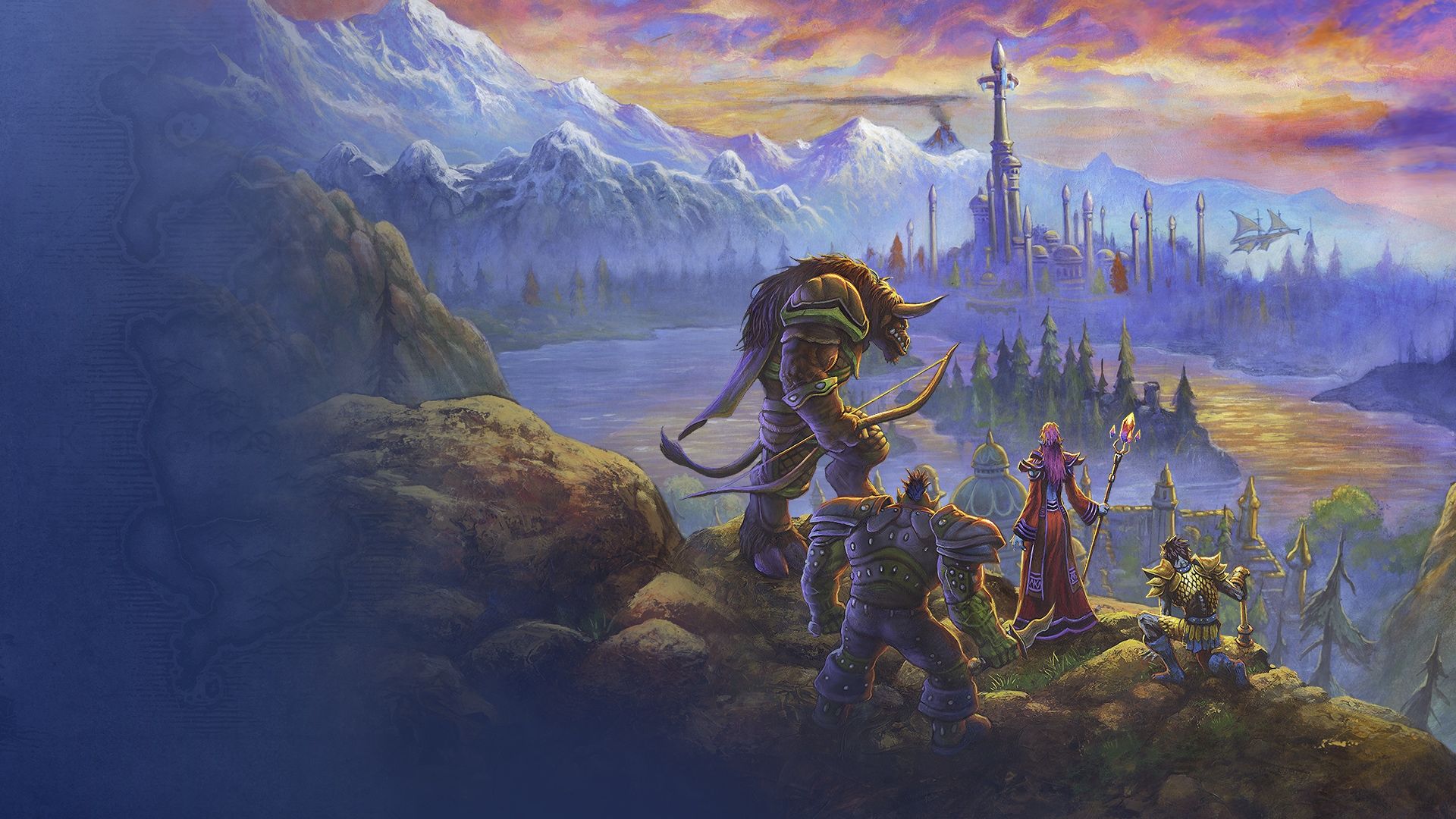 Alliance adventurers overlook a city and mountains in official WoW Forever artwork