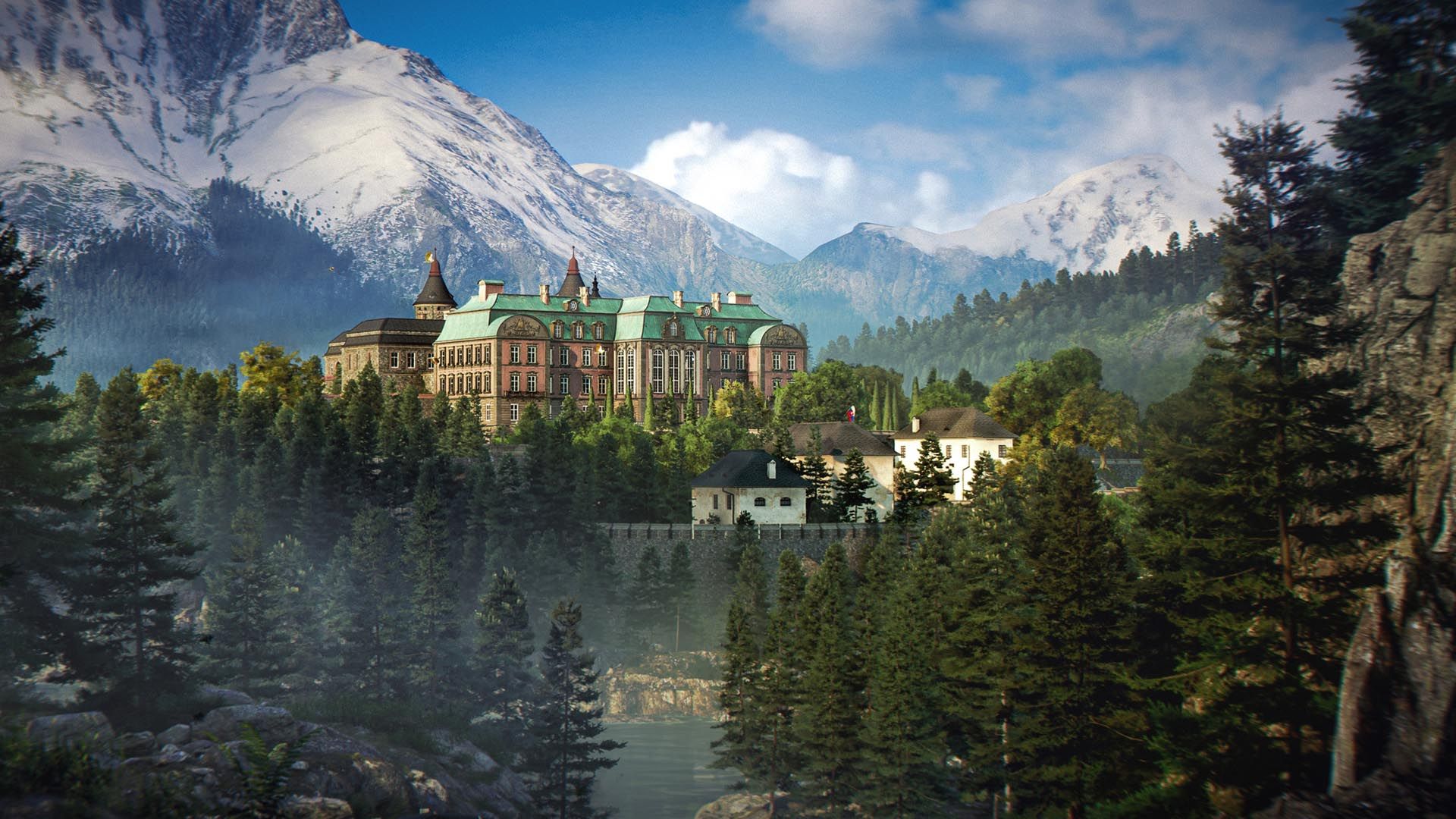 A mountain estate in official 007 First Light promotional imagery on Nintendo's Switch 2 listing.
