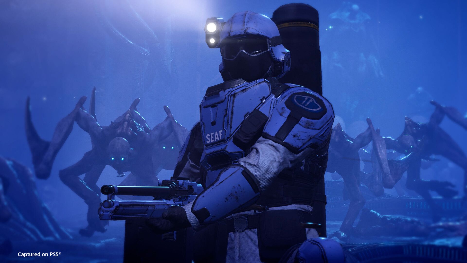 Helldivers fighting during a mission.