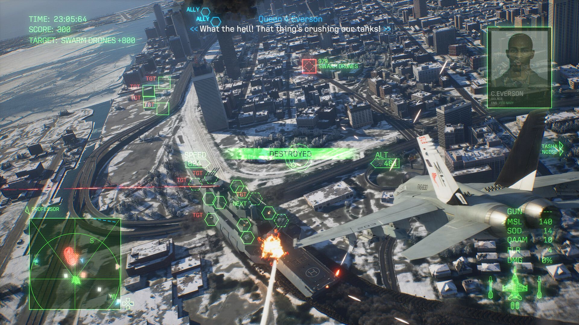 Low flight above a coastal city with mission targets visible