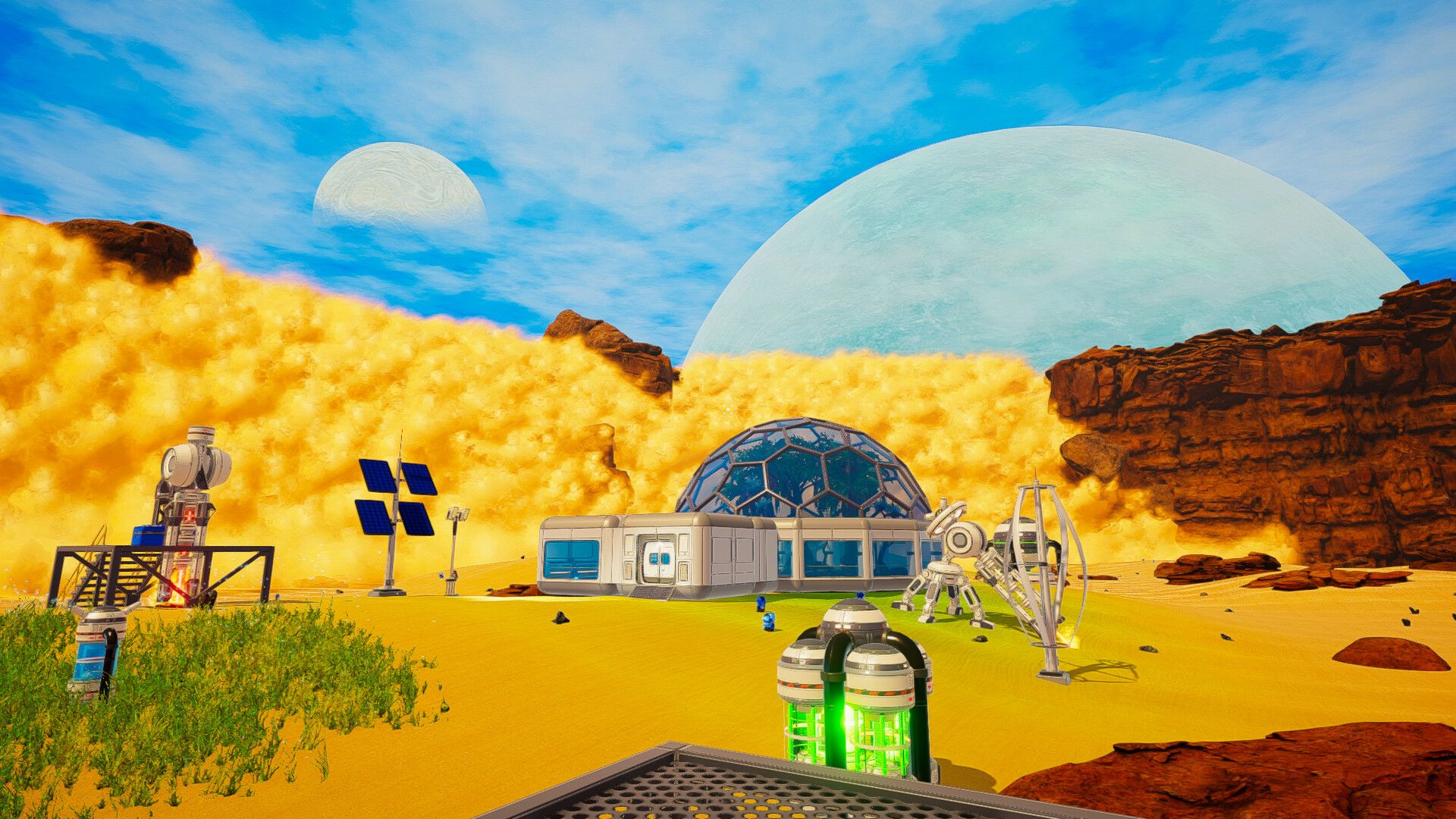 A Planet Crafter base with living compartments, power and production machines on open ground