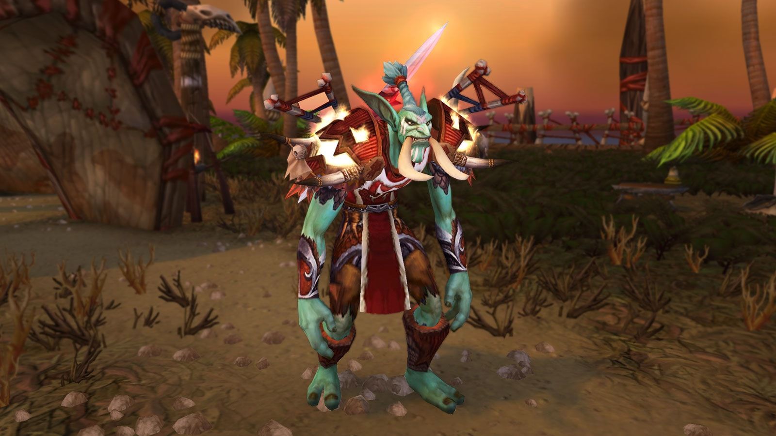 A Troll character standing in a Darkspear settlement in official World of Warcraft imagery.