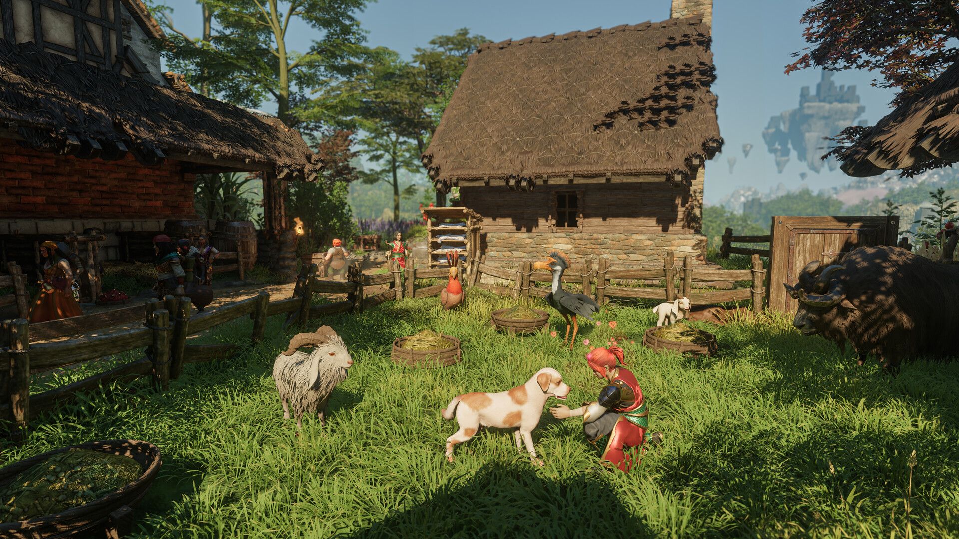 An Enshrouded settlement with animals, residents and a cultivated yard.