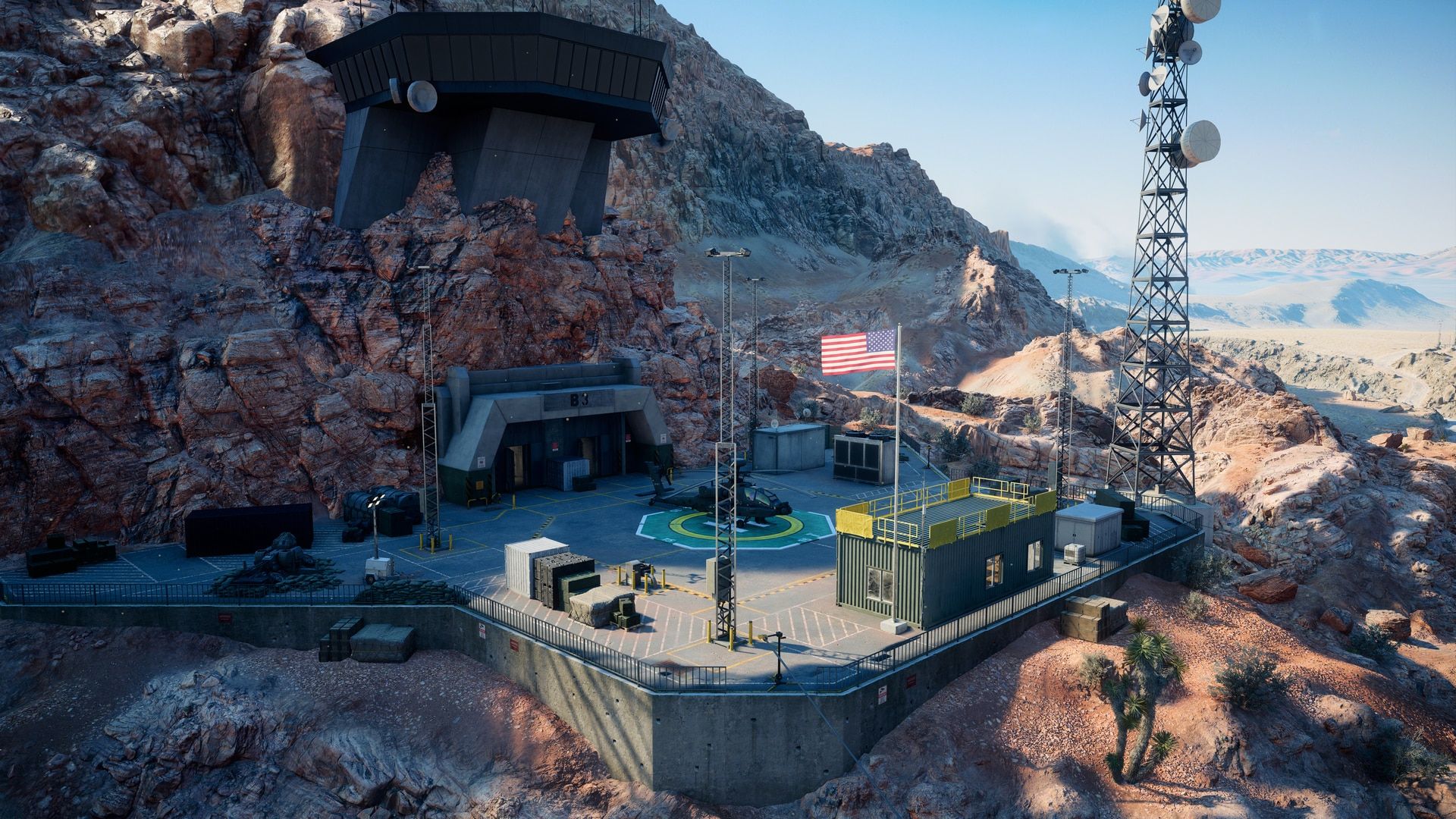 Area 51 mountainside base with a helipad and bunker entrance