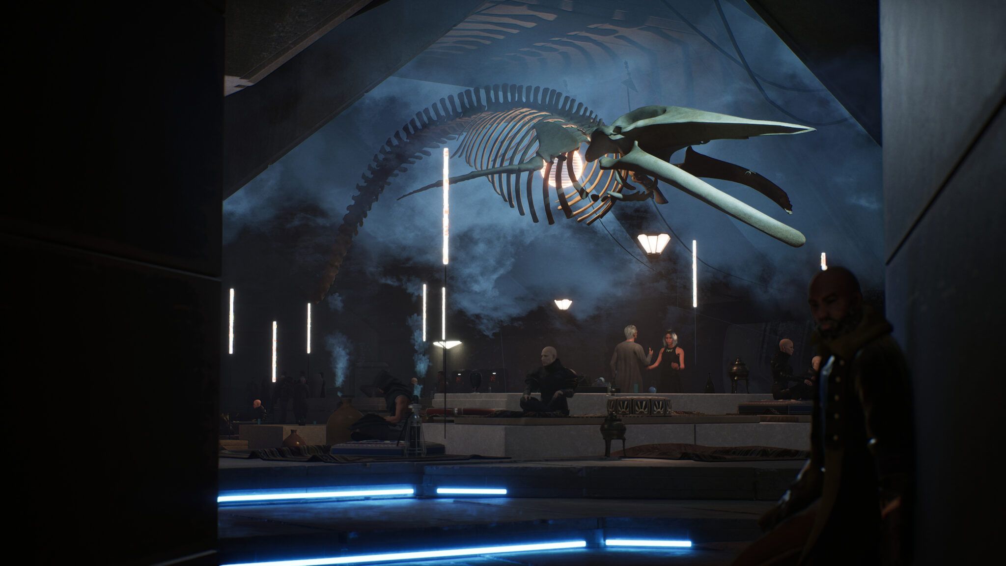 Hanovars bar in Harko Village, with a whale skeleton displayed above the room.