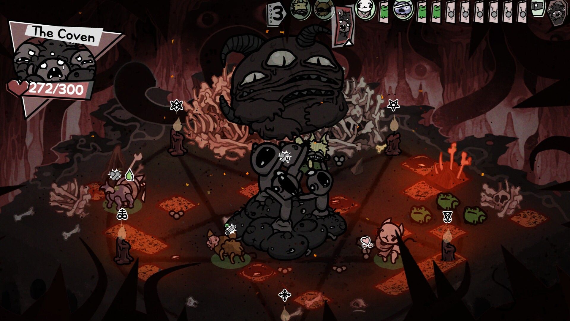 Official Mewgenics screenshot showing a tactical combat encounter with a team of cats.