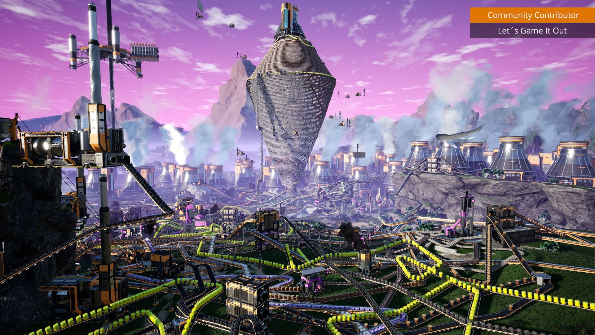An automated factory in Satisfactory.