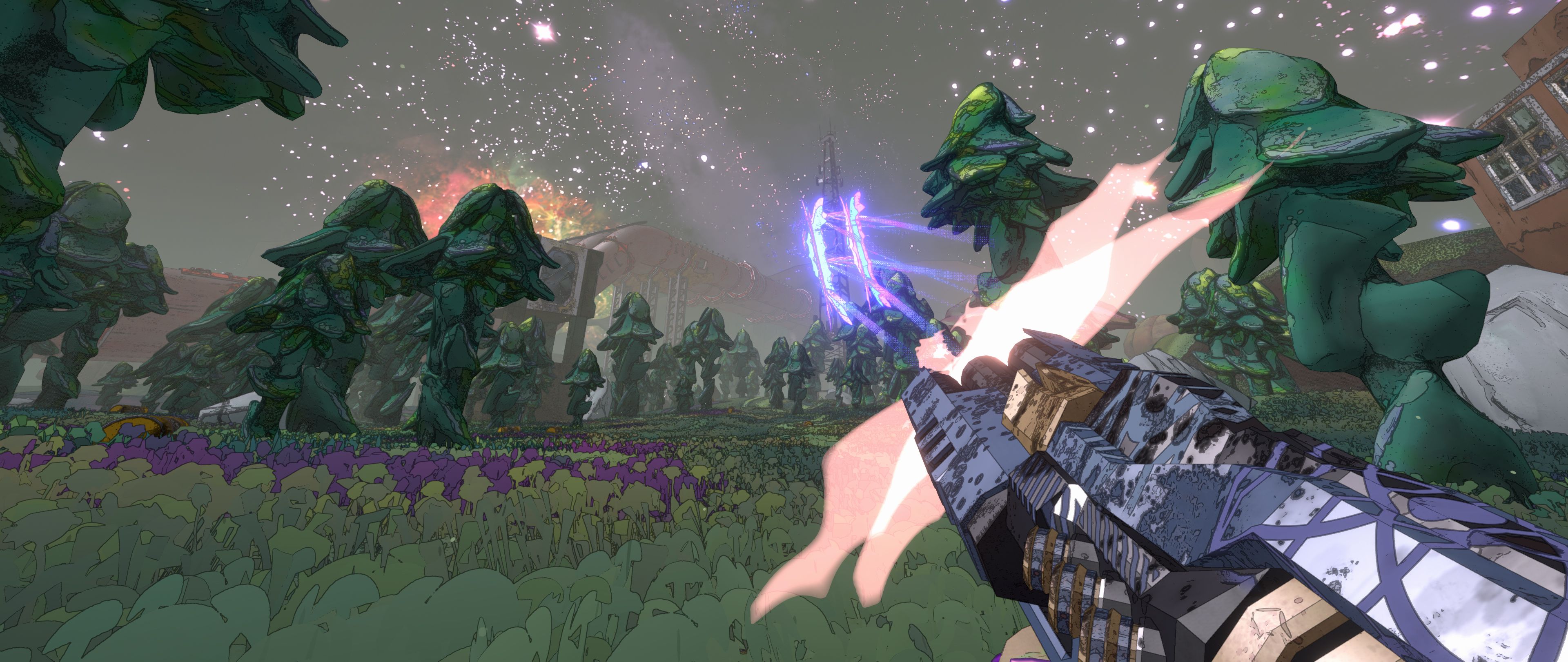 A first-person weapon fires through a green alien forest in an official Mycopunk screenshot.