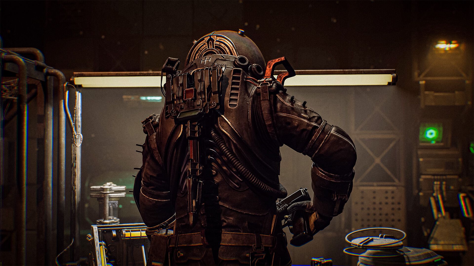 The Traveler stands at a workstation with weapons on the suit