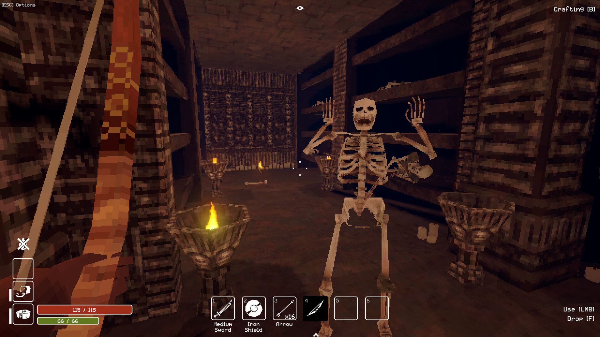 An adventurer facing a skeleton in a dark dungeon room