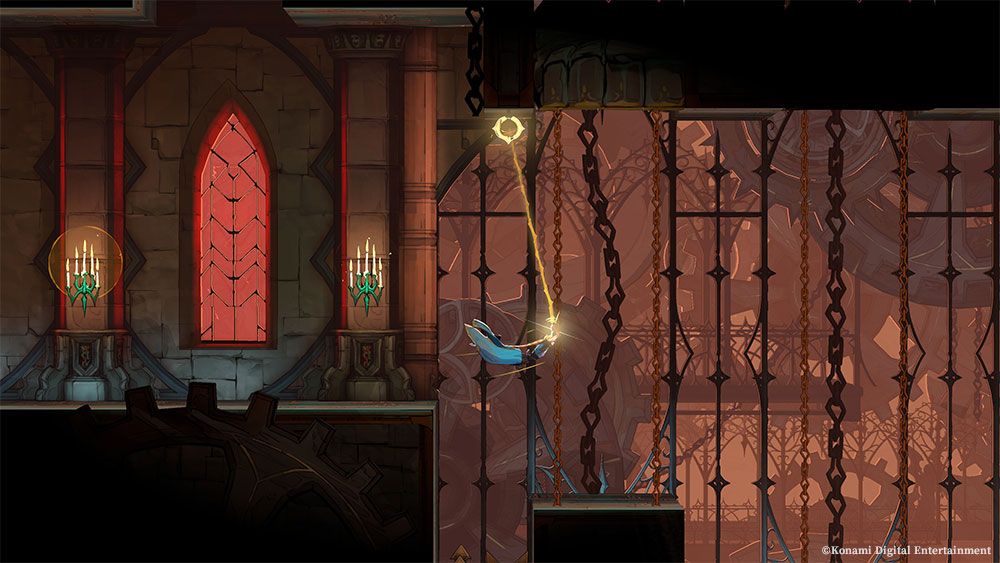 Rose Belmont swings across a gothic room with the whip in an official Castlevania: Belmont's Curse screenshot.
