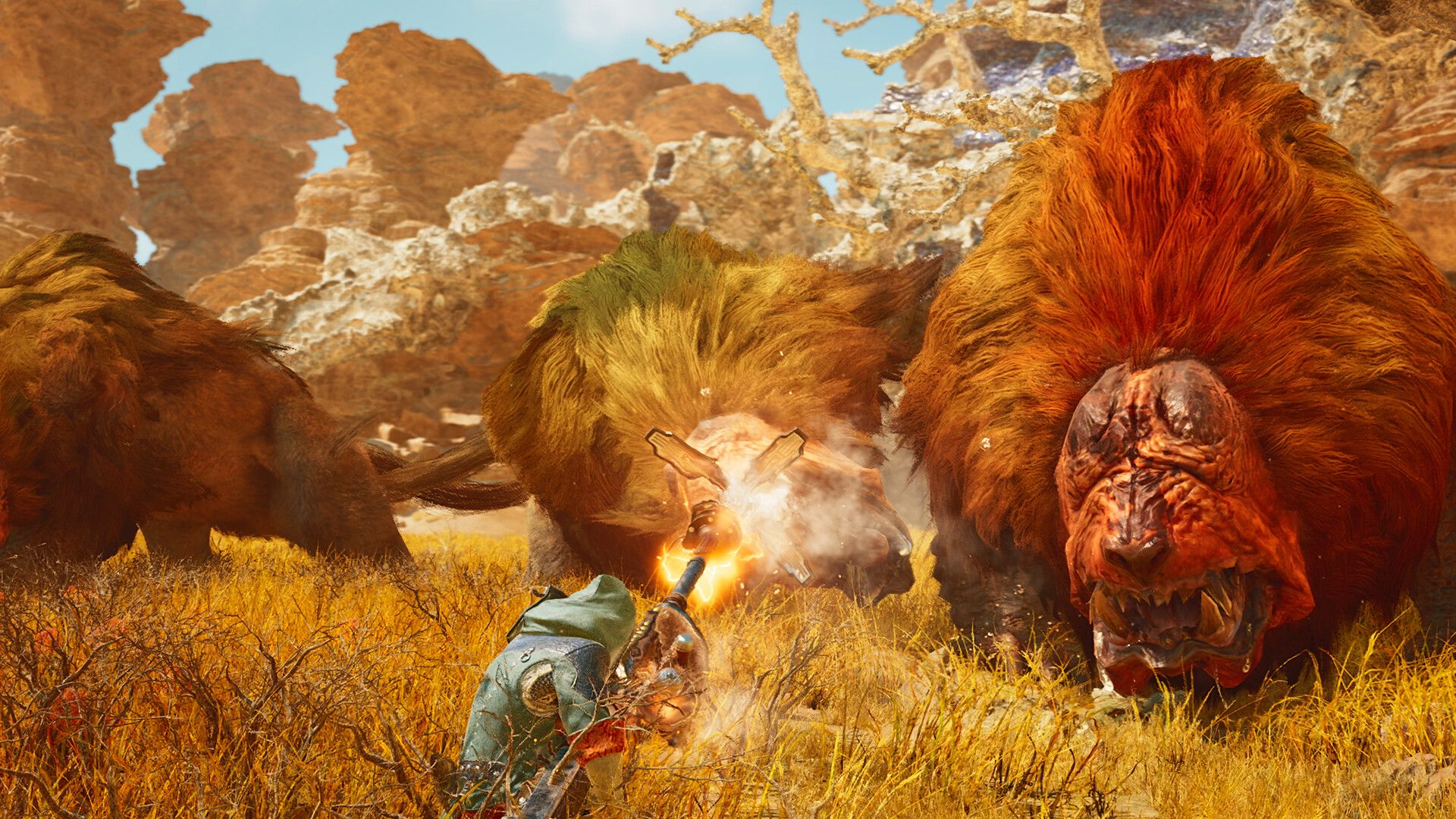 Hunters fighting a large monster in Monster Hunter Wilds
