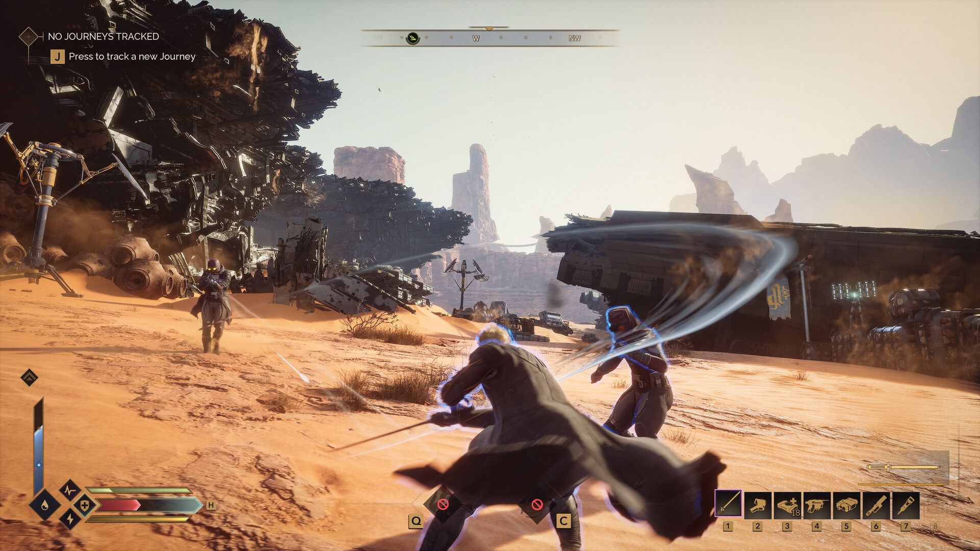 A player fights masked enemies at a desert outpost in Dune: Awakening