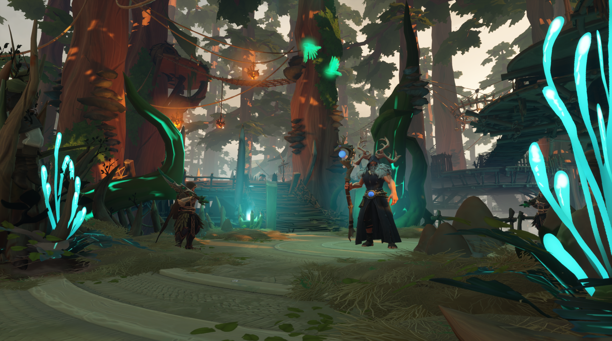 Druidic figures stand among glowing plants and elevated forest walkways in Fellowship's new dungeon preview.