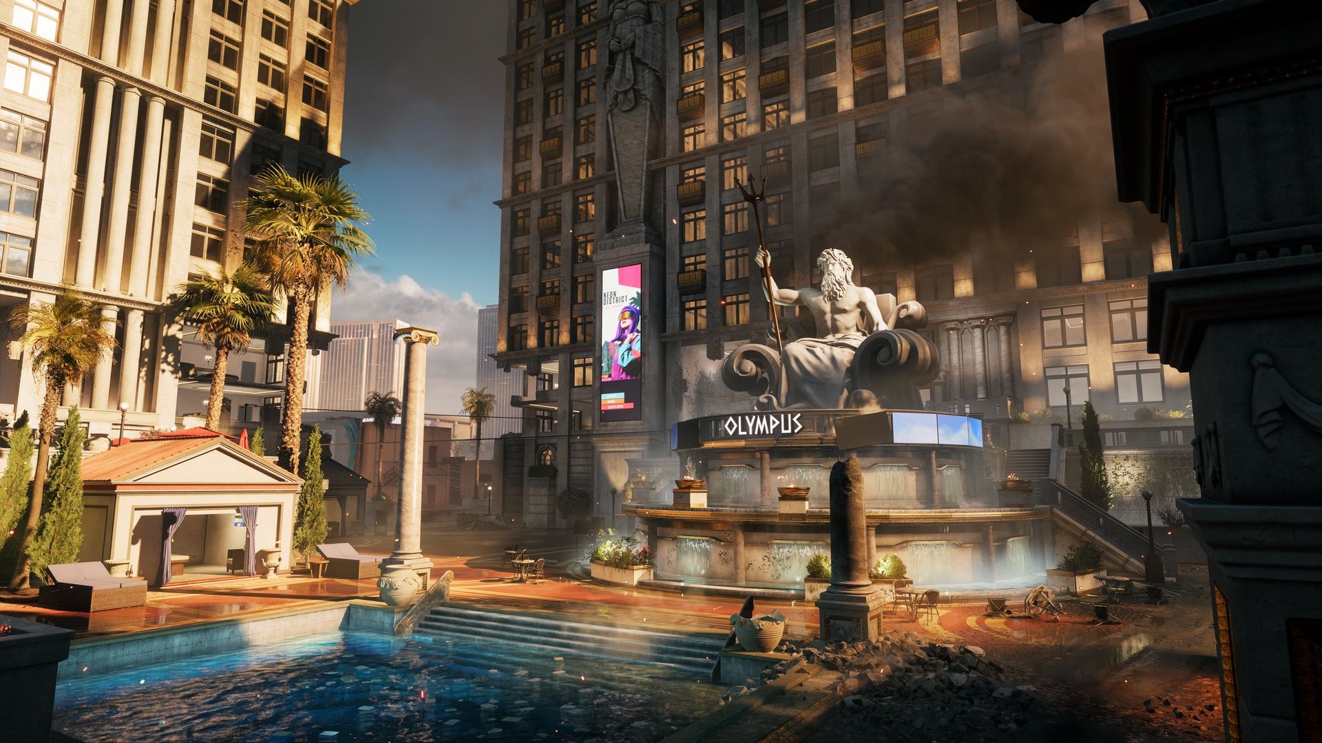 Olympus courtyard and swimming pools on Battlefield 6 Vegas Strip